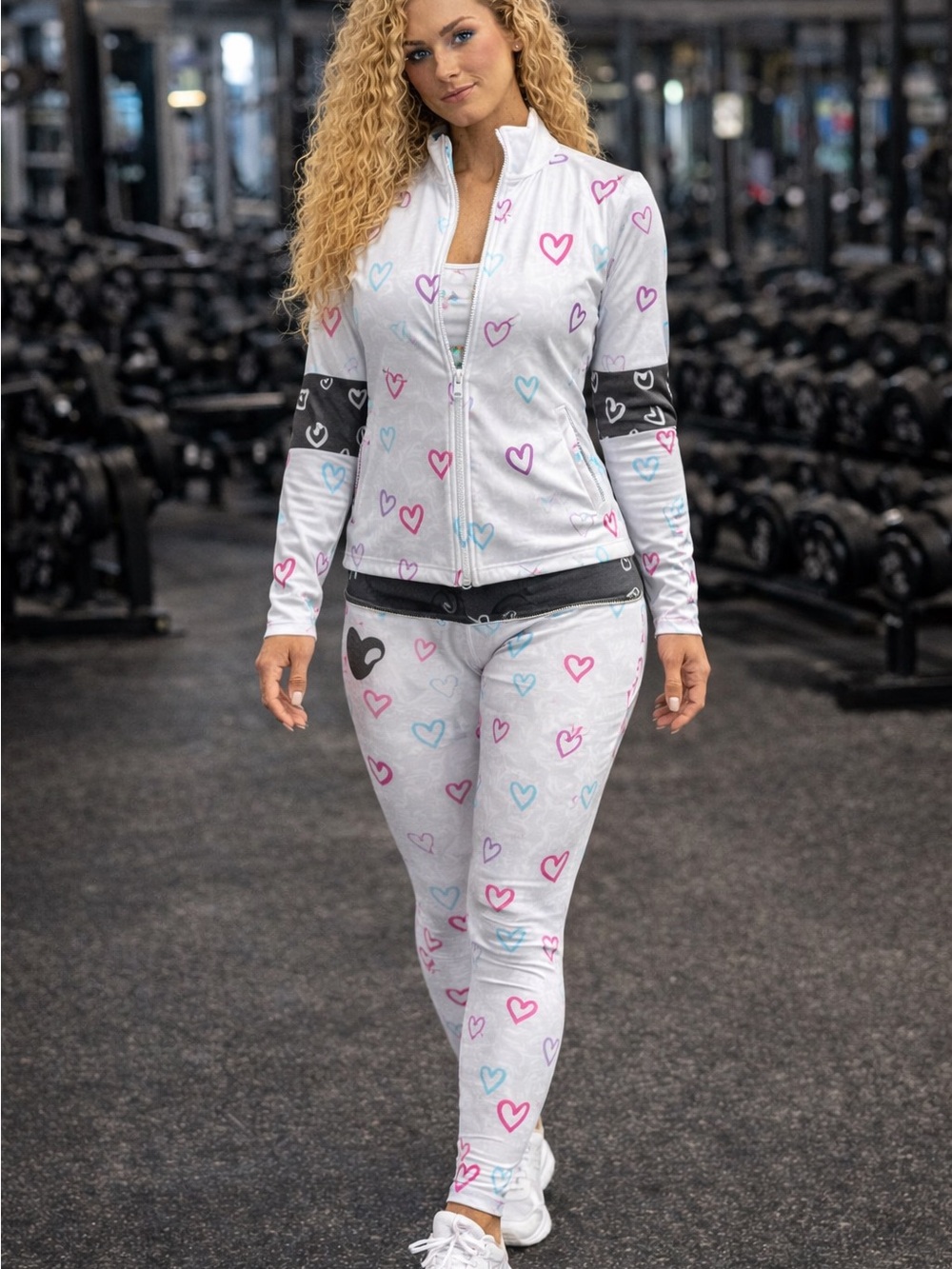 Women's White Heart Print Active Jacket, sport bra & Legging Set 3 pcs